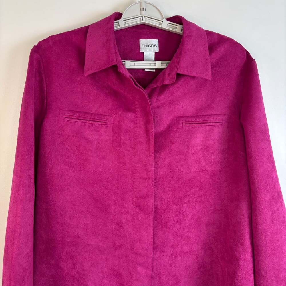 Chico's long sleeve faux suede hidden button blazer womens L pink collared